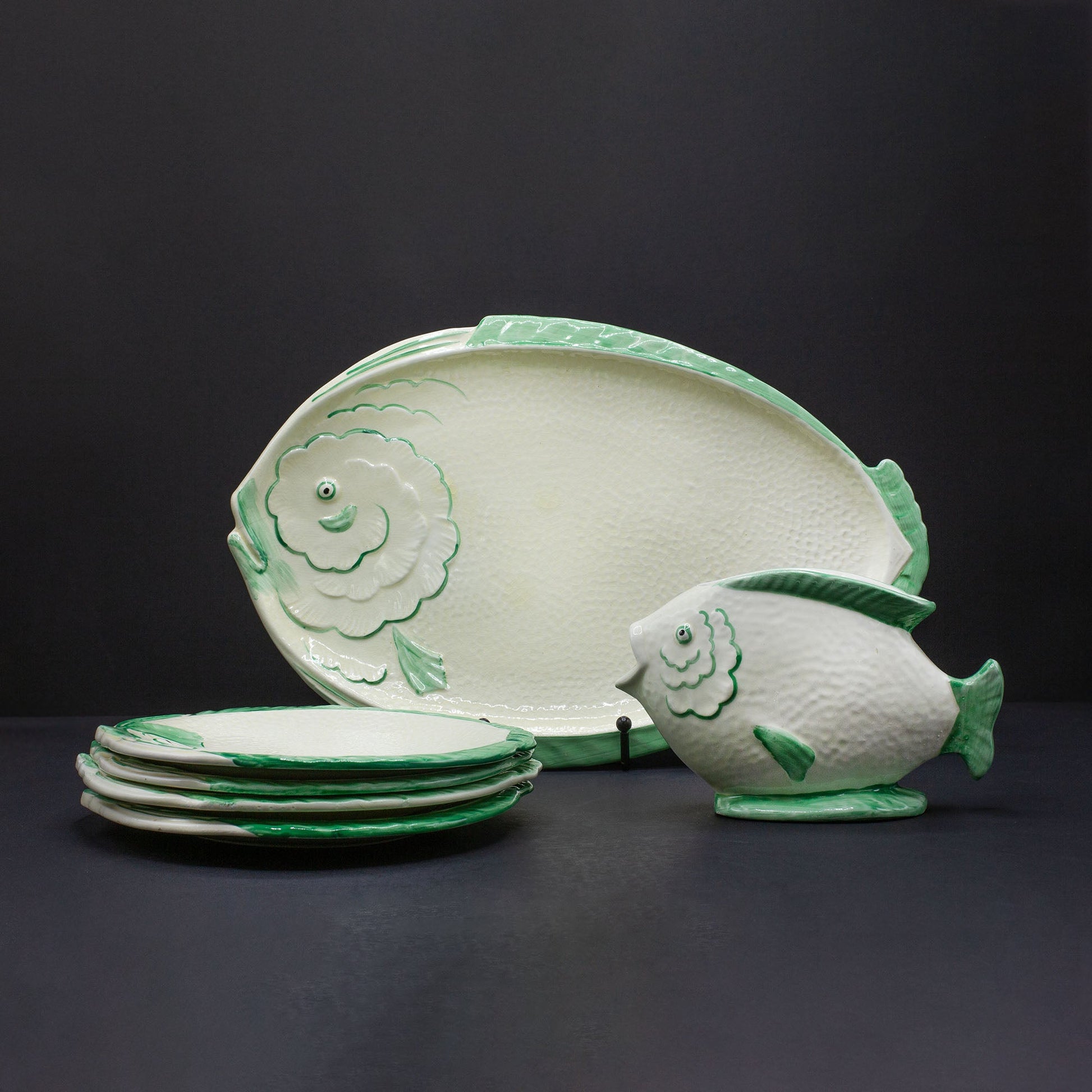 Fish Themed Side Plates, Serving Dish & Jug - FLORA BLACK