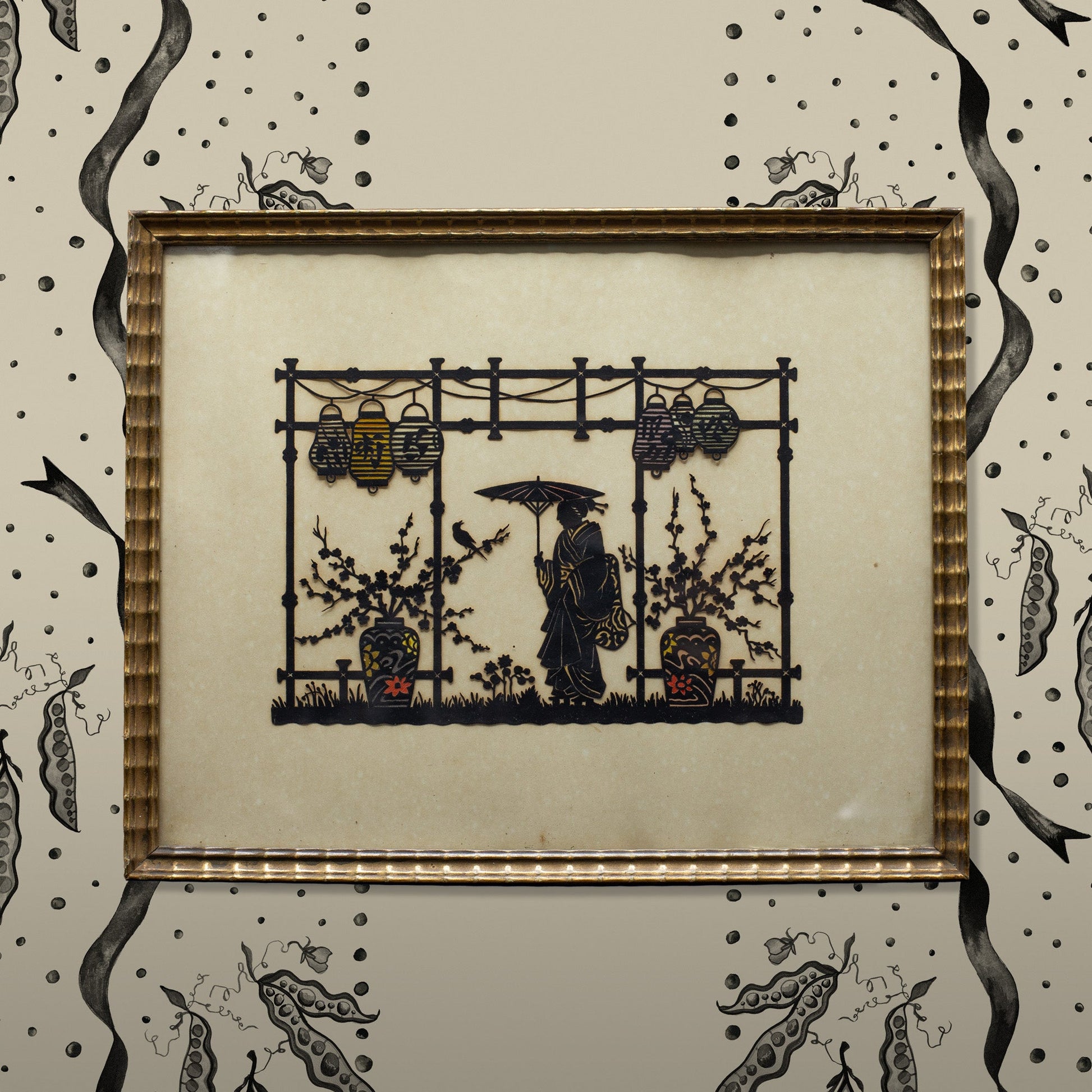 Gilt Framed Picture of a Geisha Tea Ceremony, Hand-Cut Silhouette - FLORA BLACK