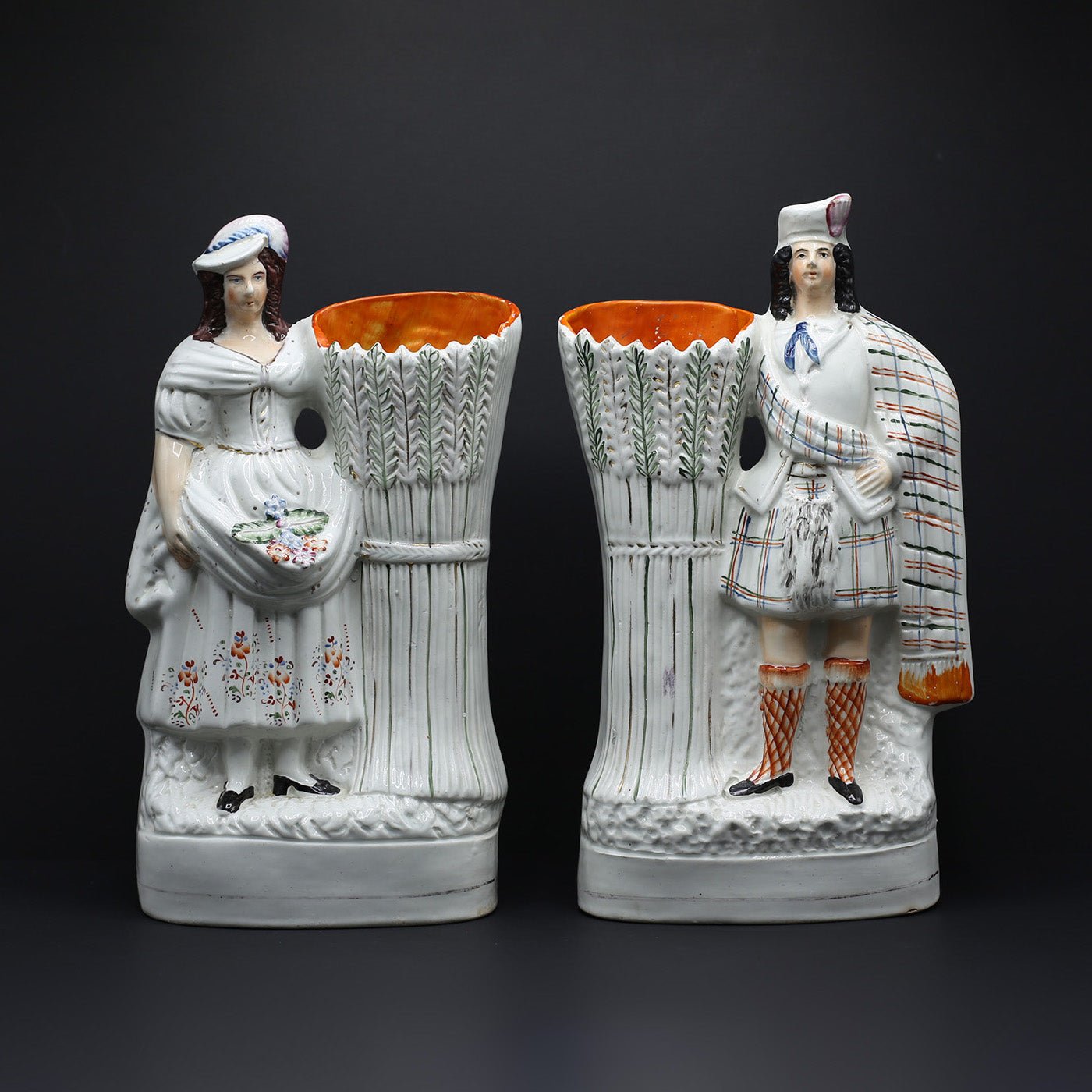 Pair of Staffordshire Vases - Highland Couple With Wheat Sheaves. - FLORA BLACK